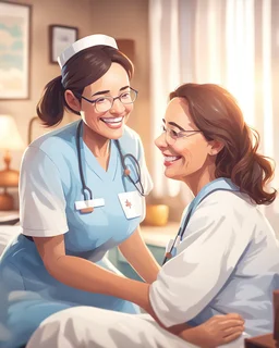 A warm, inviting image of a caring nurse providing personalized care to a smiling patient at home