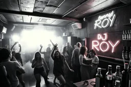 dans golv på en nedsliten sunkig techno club, många personer som dansar, yppiga kvinnor, scen rök och ljus strobes, svartvit bild, en del personer ser in i kameran och skriker: "Benny!" och en Neon Skylt med texten "DJ ROY" på väggen, DJ Roy skriker rätt in i kameran, öppen mun, mycket flaskor och glas i baren