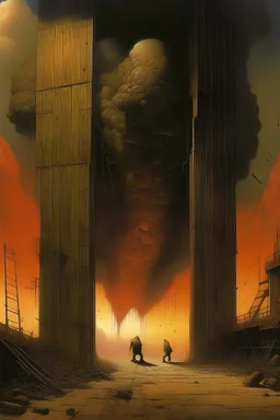 A giant rusted factory spewing a toxic cloud,four legged creatures emerging from factory door,in the style Zvidslav Beksinski