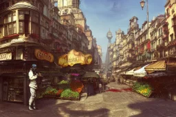 Cal River and corner shop greengrocer in colorful Italian street+Gothic city+BioShock+Dishonored+Bloodborne +trieste+Edinburgh+Chicago+victorian London+decòpunk Skyscraper+ +steampunk+biopunk+alphonse mucha, greg rutkowski,matte painting, cryengine, hyper detailed, felix kelly, fantasy art, seb mckinnon