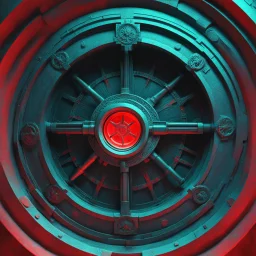 [3D anaglyph red-cyan glasses required] view front inside The chamber of a demonic firearm.. it is the cavity at the back end of a breechloading weapon's barrel or cylinder is carved with malediction bloody sigils, where the ammunition is inserted before being fired. intense light overexposed\