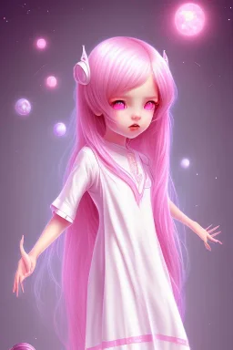 Loli wearing long nightgown, hands behind back, wholesome, innocent, long pink hair, tilted head