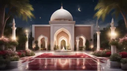 Hyper Realistic people praying outside Beautiful-Decorated-Huge-White-Brick-Mosque with maroon-marble-flooring & Beautiful-Garland-Light-&-Decorations surrounded by a beautiful garden-&-Water-Fountain at beautiful dark night with stars on sky