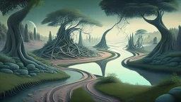 alien landscape with trees, pathways, river