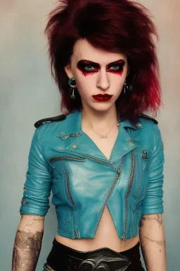 photo of a beautiful Polish young punk woman taken by a Mamiya M645 camera with portrait lens on colour medium-format film, red lips, blue eyes, red mohawk, black leather jacket, Ramones style, heavy boots, fishnet stockings, torn t-shirt, nosering, few earrings, belly ring