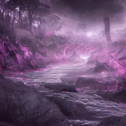 River of sorrow, Acheron, mythological references, metaphysical unexplained,embittered, blackened waters,Charon, electonic , hyper-detailed,sci- fi style,highly detailed CG render,neon, pink, gray,black,purple,colours,