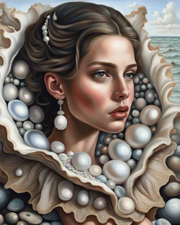 Create a fantastical image of a young beautyful woman in an elaborate dress resembling the interior of a pearl oyster, specifically a Pinctada, with rocks on the seashore in the background. An oil painting in the style of ultrarealism. The collar of the dress, like a hood, encloses the large, open jaw structures of the shell and the deep pearly interior, mimicking this bivalve. The person is also decorated with detailed patterns and textures that give the appearance of an aquatic creature, enhan