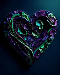 make a 3d heart made of various crafts. use dramatic light in purple green blue pink on a dark background