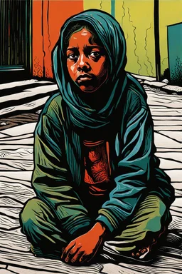 create an abstract, deeply powerful tragic, heart wrenching, and evocative, full body color woodcut of a homeless and hungry young Muslim refugee girl with highly detailed and deeply cut facial features, lost in a horrific post apocalyptic Gaza, in the style of KATHE KOLLWITZ and PAUL GAUGUIN, searing lines and forceful strokes