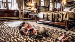 man passed out on hotel room floor while mustache man stares at him longingly