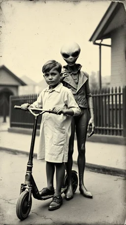 An old picture style of black and white mono very bad quality looks very old camera picture with cracks of a boy on scooter standing beside an Alien creature that is dressed like a man , year 1900