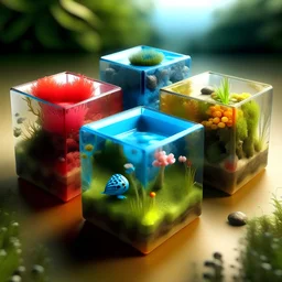 Create a 3D image featuring three separate transparent glass dice, each with a unique and magical scene inside. The first dice contains a miniature lush garden, full of vibrant flowers and miniature creatures. The second dice encases a small ocean scene with colorful coral reefs and tiny marine life. The third dice holds a tiny desert landscape, complete with miniature sand dunes and an oasis. The dice should be set against a simple, elegant background that highlights the magical worlds containe