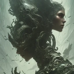 dark elegant dress shadow woman, powerful, creepy, matter, majestic, flow, illustration, concept art, by Greg Rutkowski, Sung Choi, Mitchell Mohrhauser, Maciej Kuciara, Johnson Ting