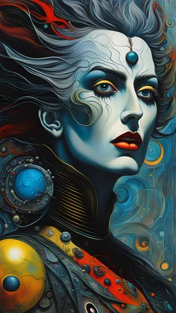 Max Ernst, Jean Cocteau, Jaume Capdevila, surrealist style closeup full body portrait painting of a Cyberpunk female vampire with highly detailed hair and facial features, traversing the multiverse of transformative and expanded consciousness, blurring the boundaries between mortal and immortal in search of a mythical paradise, sharply defined and detailed, 4k in subdued natural colors