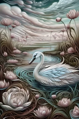 multi-layered and multidimensional structure, grasses, strange sky,amorphous swan, water lilies, unusual flowers,intricate, beautiful landscape,eggplant color,fractally, surrealism,careful drawing of details,clear contour,photorealism, botanical style,pink, white,pale blue, biryusa,mother-of-pearl luster,curls, curls, a lot smoke, beautiful,realistic, bright lighting, high resolution, high detail,bright colors, high quality, aesthetically pleasing, professional photo, 64k - - w 518