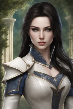 pale skin, realistic, female half elf, beautiful, young, dark hair, long and subtle stylish layer straight hair style, front view, intricate white leather armor with blue streaks, dark aristocrat pants, standing, blue detailed plating, detailed part, brown dark eyes, green garden background behind window, dawn, full body shot, looking at viewer, detailed eyes