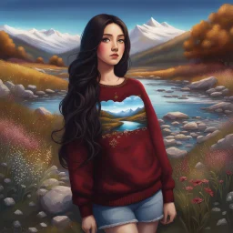 country side ,blue sky , snow on mountains, pretty clouds ,small rocky river with clear water small rocks in floor,wild flowers,beautiful Snow White, long shiny black curvy hair, wearing a burgundy sweater with the word Azerbeyjan written on it, in gold, work clothes, standing, super realistic Fairy lights, intricate detail, texture, depth, vividness, movement, namex, energy, bioluminescence, stunning, epic, ultra-detailed, 8K photography by Miki Asai Macro, close-up, extremely detailed, po