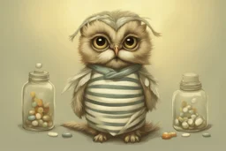 Jean-Baptiste Monge style. Full body of a humanoid biomorph kitten-owl faced nurse in hospital. Pills in jars and piles. A furry striped dress, covered with owl feathers, in sunshine