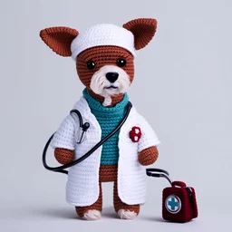 Adorable crocheted dog doctor wearing a crocheted medical suit with a tiny crocheted medical bag and a crocheted stethoscope around his neck.