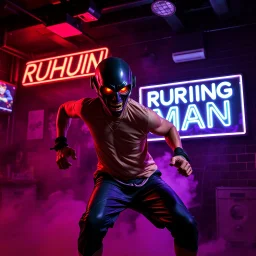An "RUNNING MAN" performing at dance club, his name is "RUNNING MAN" and looks crazy, looks very aggressive look, Neon lights and smog, "RUNNING MAN" SIGN ON WALL