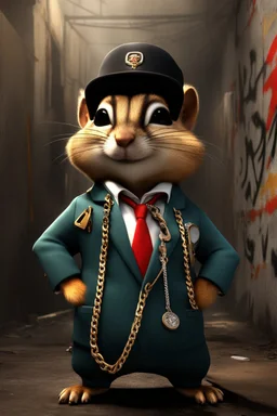 3d animated gangster chipmunk with graffiti backwall, earring in ear and chains around neck