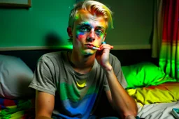 Fotorealistisch 16jähriger schlanker effeminierter blonder Junge mit hellblauen Augen, das Haar mit Gel nach hinten gekämmt, Zigarette lässig im Mund, gekleidet in geringeltes T-Shirt in Regenbogenfarben, sitzt lässig auf Bett in Studentenbude