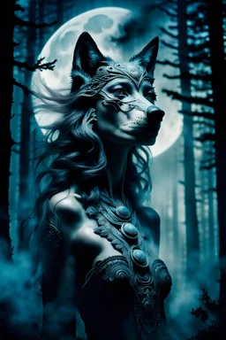 double exposure, ancient stunning wolf-woman mutant portait, forest, moon, smoke, ultra-high detailed, deep dark colors, dark fantasy, intricate detail, cinematic, masterpiece, sharp focus, dark ethereal fantasy, hyperdetailed, atmospheric , dark surreal fantasy