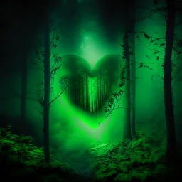 green fog in the forest at night with an electric heart