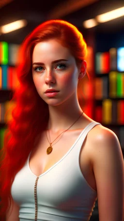 professional portrait, soft green eyes, (extremely detailed CG unity 8k wallpaper), full shot body photo of a beautiful women wearing a white cropped tank top, thin athletic body, , long wavy light brown hair with a tight braid on the left side, High Detail, Sharp focus, dramatic, photorealistic, orange ginger hair, soft lighting, library background, dslr, f/4.0, 19 years old, golden hour