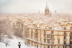 Barcelona in the snow in the sunshine, watercolor and black ink outlines, sparkling golden glitter, ethereal, cinematic postprocessing, bokeh, dof