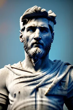 Ultra Realistic image, roman sculpture, white marble material, Lionel Messi, emperor Laurel crown, miguel angel style, chisel style, emperador, waist up portrait, epic, celestial, cinematic lighting, God light, god rays, 4k resolution, smooth details, ornate details, soft lighting, unreal engine 5, sky and clouds background.