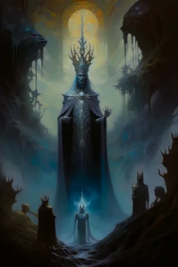 1970's dark fantasy cover dnd style oil painting of an holographic coronation of the great king in the mist with minimalist far perspective in an abstract pattern background.