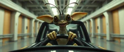 car driving happy 2d insect anime fluffy slimy alien okapi gremlin man in the style of Escher and Giger and Fallout 4, pinhole cam, airbrush 3d rendering, on tv screen:A five-second cinematic single take in a clean industrial presentation hall.