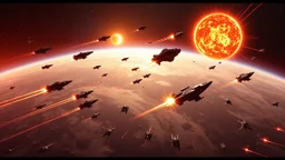 An intergalactic battle taking place above a planet with three suns, as fleets of alien ships collide in a dazzling display of energy and explosions. Photographic quality and detail, award-winning image, beautiful composition.