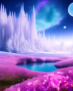 chateau des glaces, fond de cosmos, bleu or mauve rose, étoiles, glossy, très belle nature, flowers, cascades