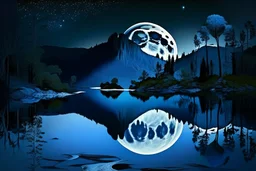 black, blue and white colors, fullmoon, pond, mountain, forest