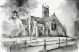 an English church in black and white wet watercolour