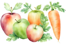 white background. apple carrot mutant fruit. Carrot apple carrot mutant fruit. Cartoon style. watercolor.