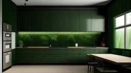 kitchen with dark green furniture, forest wallpaper on a white wall, very realistic