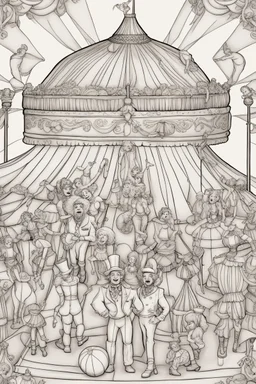 Coloring book page:: Circus: A whimsical illustration of a circus tent with acrobats, clowns, and a ringmaster:: high detail adult coloring book page thin black lines white background, 1 bit line art coloring book, only draw outlines, crisp, thick outlines, use up the entire screen, outline art, storybook illustration –no noise, book, logo, page, letters, words, markers, grayscale, –no black background –ar 3:4 –v 4