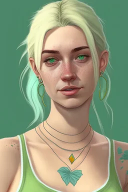 Realistic young woman, neck length white blonde hair in a half ponytail, pale skin, light blue-grey eyes, freckles, big boobs, big green earrings, green and gold necklace, green tank-top with blue overalls on top, grey plant tattoo on arm