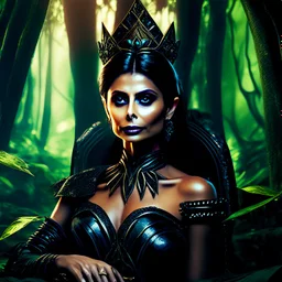 Morena Baccarin as a beautiful sexy dark elf queen seated elegantly on a throne in a mystical forest, dark celtic vignette frame, photo-realistic, cinematic lighting, award-winning photography