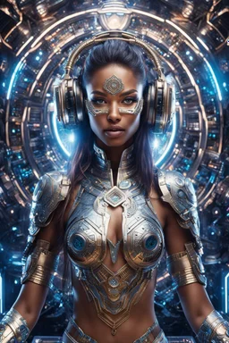 photography front view of super model beautiful woman as dj player,headphones ,dressing mech in transformative style, his metallic skin gleaming with intricate textures and intricate details, captured in an ultra-realistic style that blurs the lines between reality and imagination,cosmic spaceship background