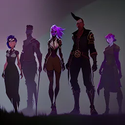 A group of four characters from a fictional book world. A witch, a gladiator, a thief, and an enchanter. The characters are in a dark forest. The characters are shrouded in mystery.