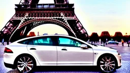 A Tesla's 'Model S Plaid' is parked, at the Eiffel Tower, in Paris. CINEMATIC. WIDE ANGLE LENS.