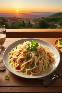 Create a realistic photograph of spaghetti carbonara on a table in a small Italian restaurant at sunset.