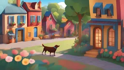 Create an animated scene of a vibrant village in a heartwarming and colorful animation style, BREAK Crow and BREAK Dog
