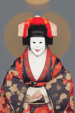 Portrait lady wearing a noh mask, full body shot, full-color medium shot, style of Japanese noh masks