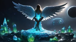 angel with a wings siting on the blue monolith made of blue tiberium crystals of lights, matrix universe, planets on the back grounds, green crystals of tiberium on the life and right