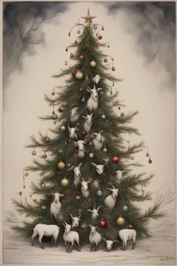 Christmas tree but with goat heads as decorations, in the style of arthur rackham,